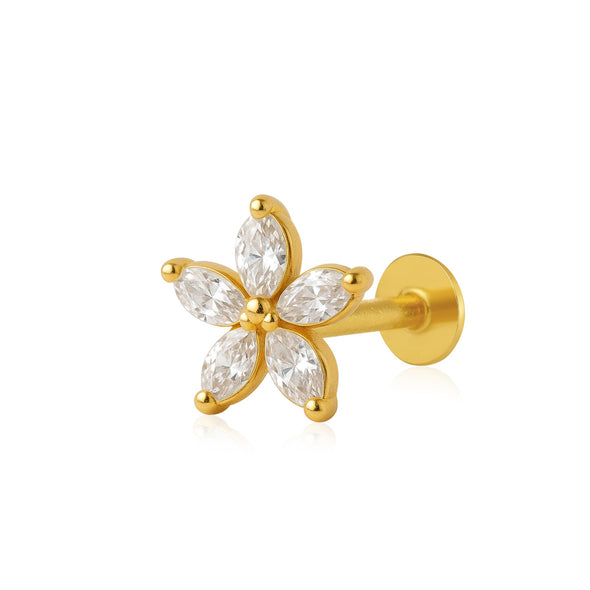 White CZ Marquise Five-Petal Nose Floral Pin – Sterling Silver Gold-Plated