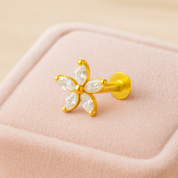 White CZ Marquise Five-Petal Nose Floral Pin – Sterling Silver Gold-Plated