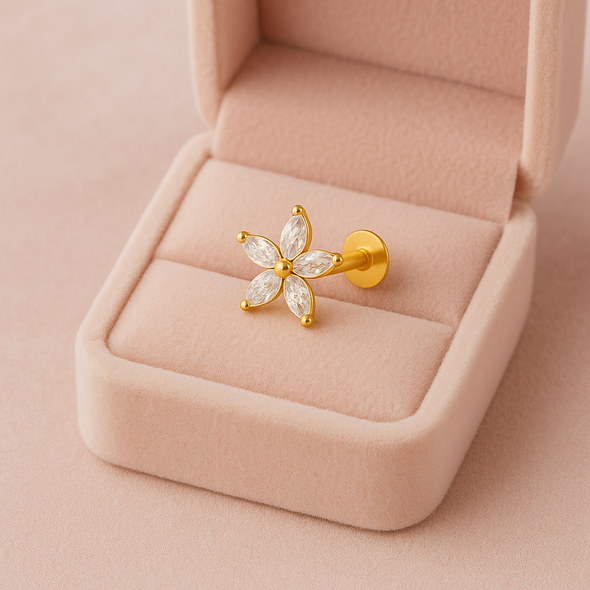 White CZ Marquise Five-Petal Nose Floral Pin – Sterling Silver Gold-Plated