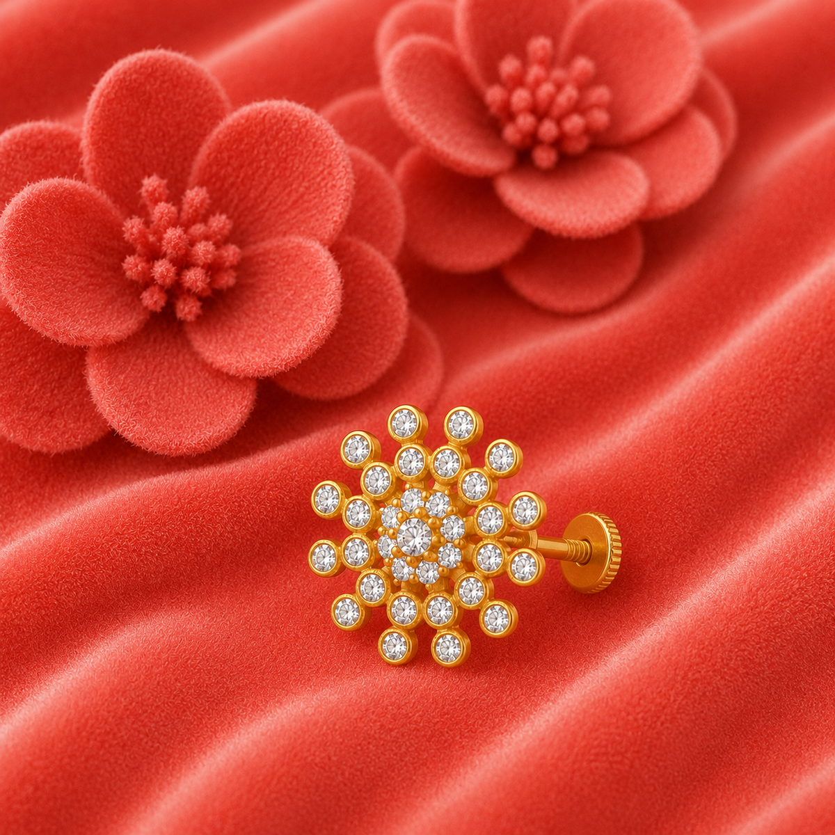 Gold Plated White CZ Floral Nose Pin – Sparkling Snowflake Statement Design
