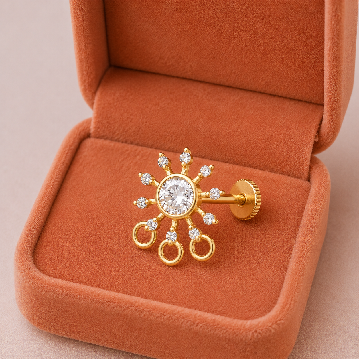 Gold Plated White CZ Sunburst Nose Pin – Sparkling Statement Ethnic Design