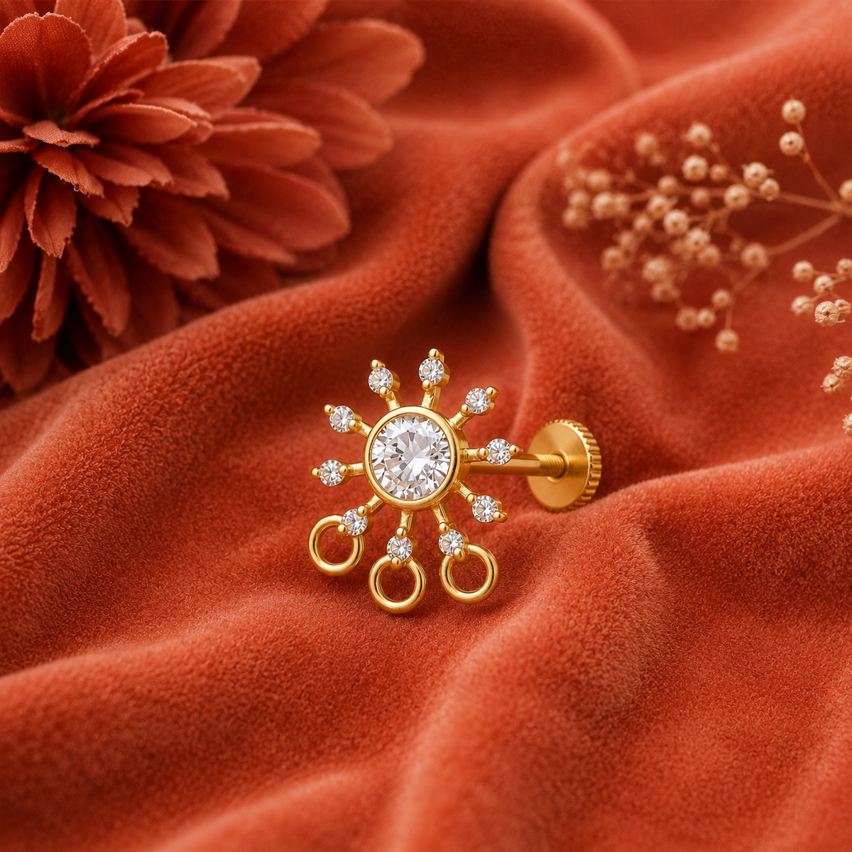 Gold Plated White CZ Sunburst Nose Pin – Sparkling Statement Ethnic Design