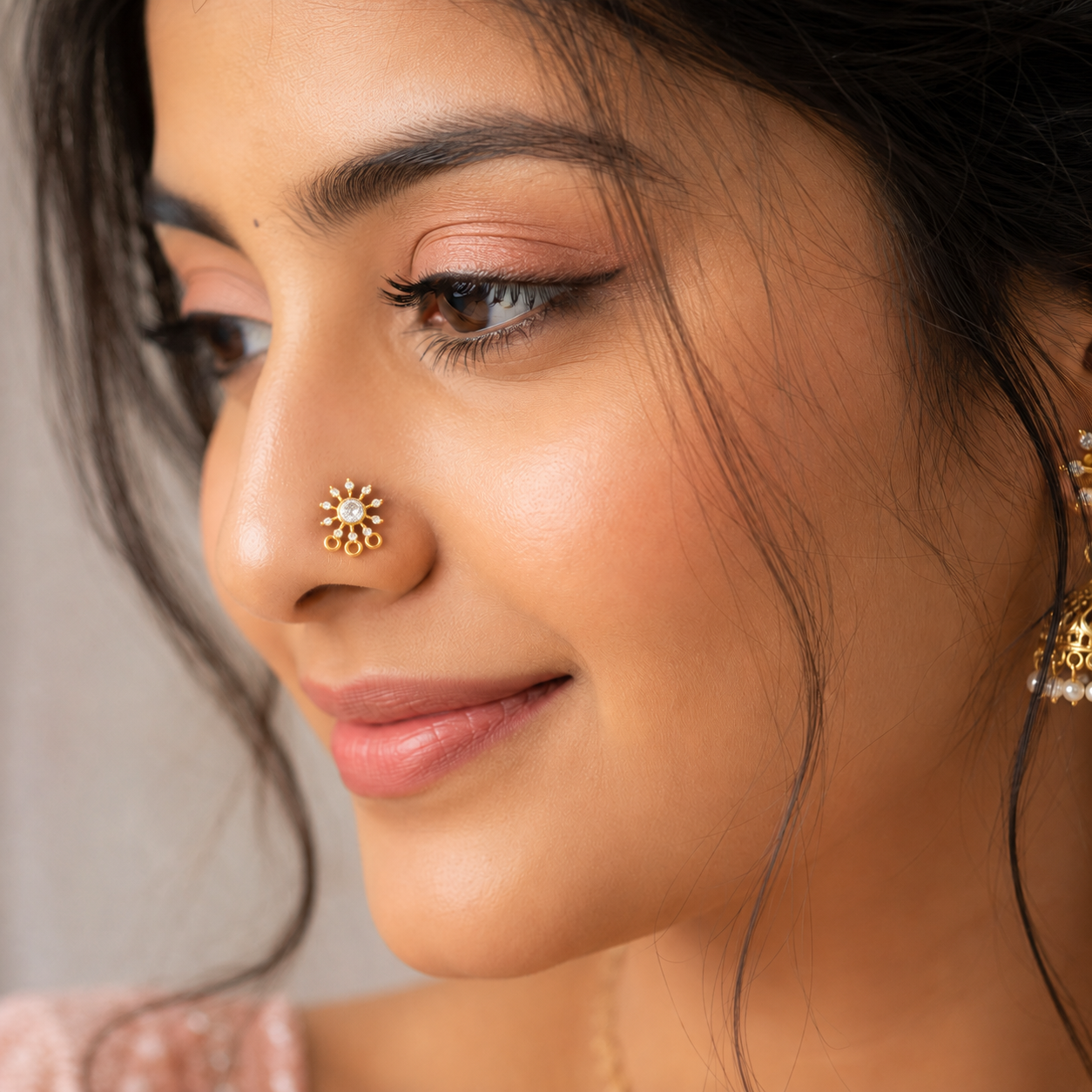 Gold Plated White CZ Sunburst Nose Pin – Sparkling Statement Ethnic Design
