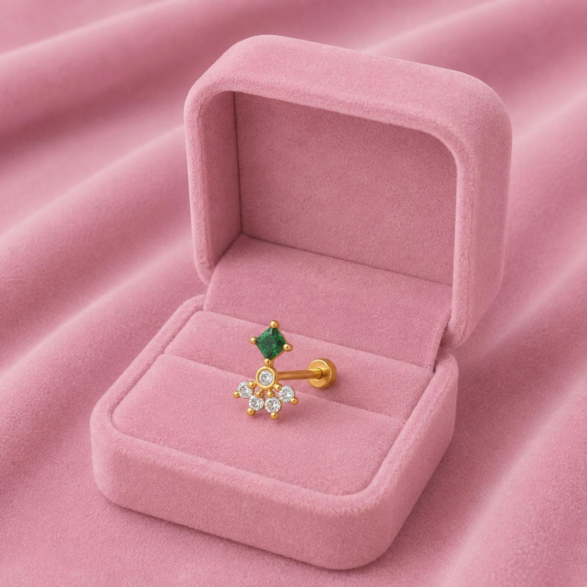 Green CZ Cluster Nose Pin - Sterling Silver Gold Plated