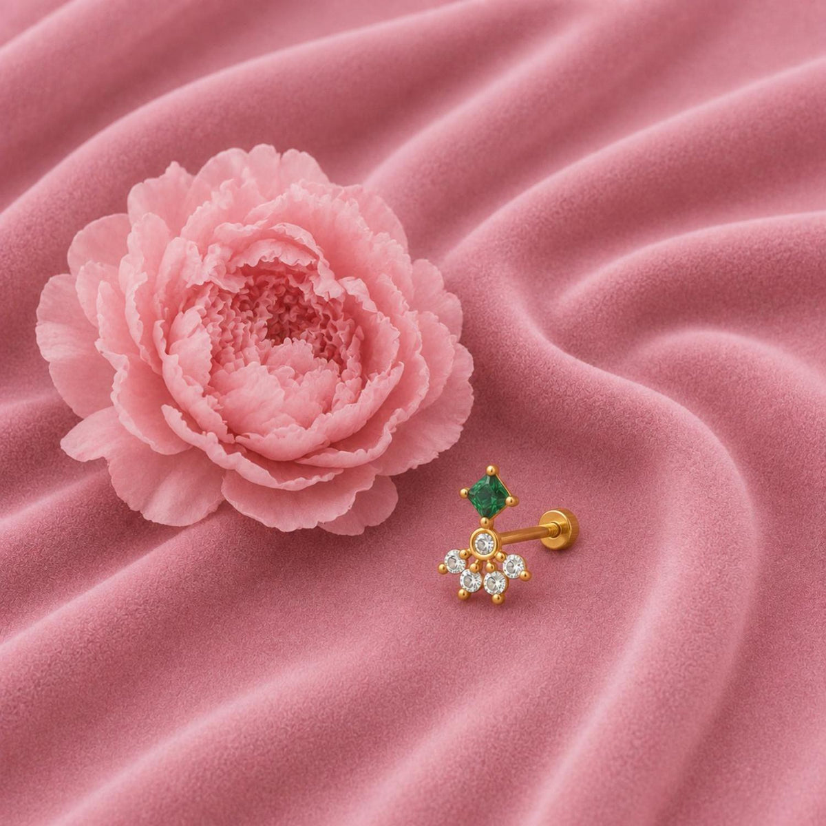Green CZ Cluster Nose Pin - Sterling Silver Gold Plated