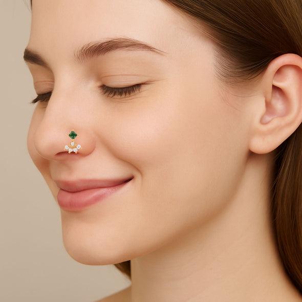 Green CZ Cluster Nose Pin - Sterling Silver Gold Plated