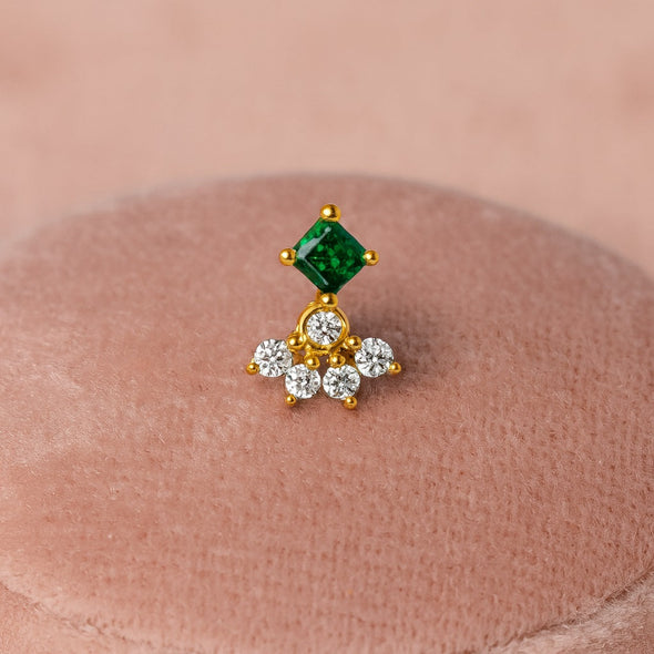 Green CZ Cluster Nose Pin - Sterling Silver Gold Plated