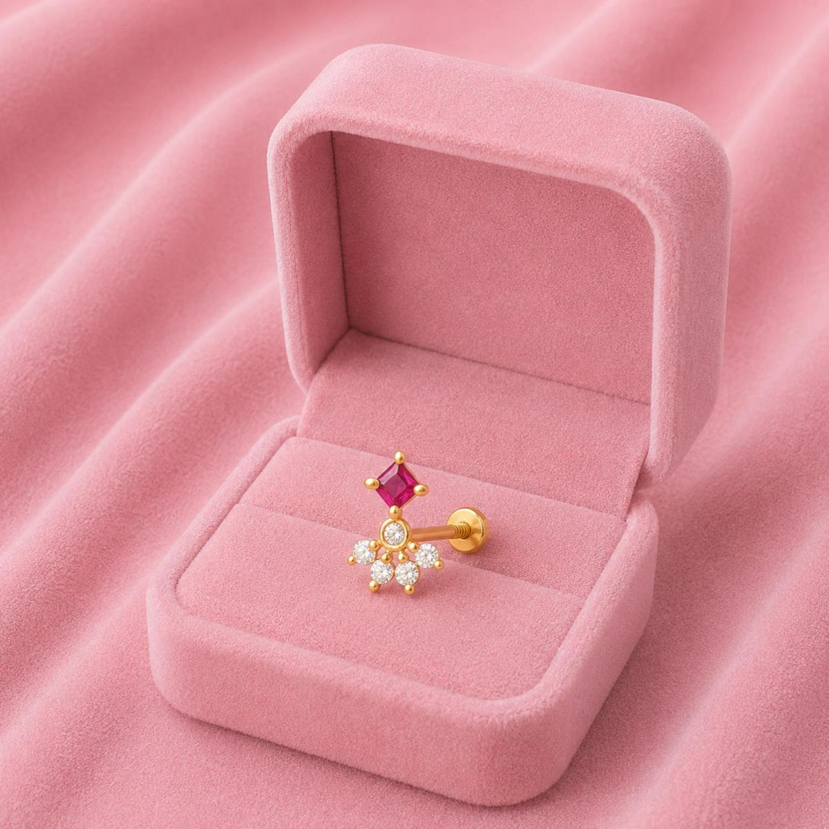 Red CZ Cluster Nose Pin - Sterling Silver Gold Plated