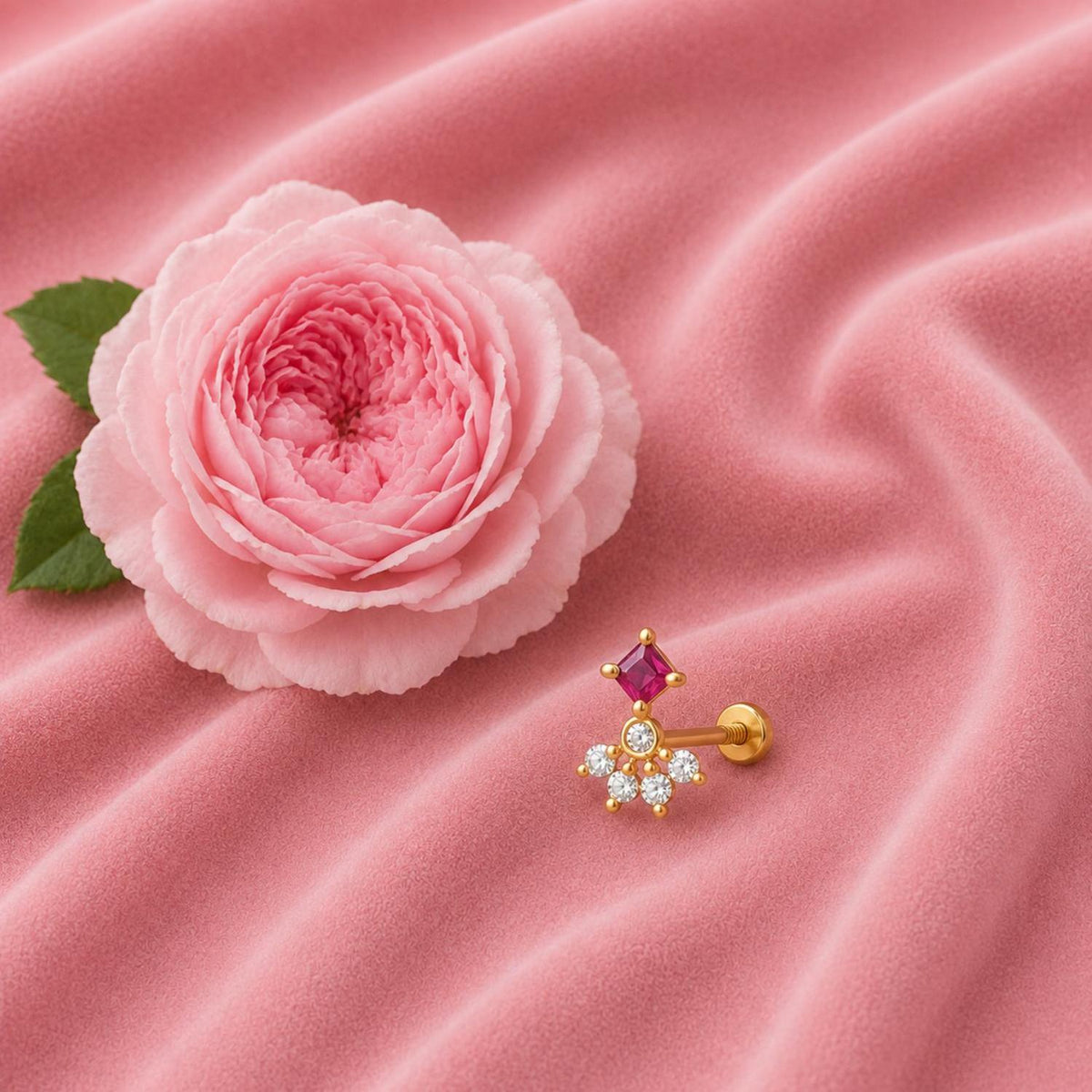 Red CZ Cluster Nose Pin - Sterling Silver Gold Plated