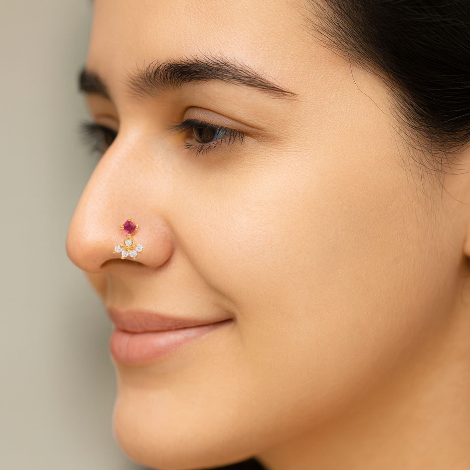 Red CZ Cluster Nose Pin - Sterling Silver Gold Plated