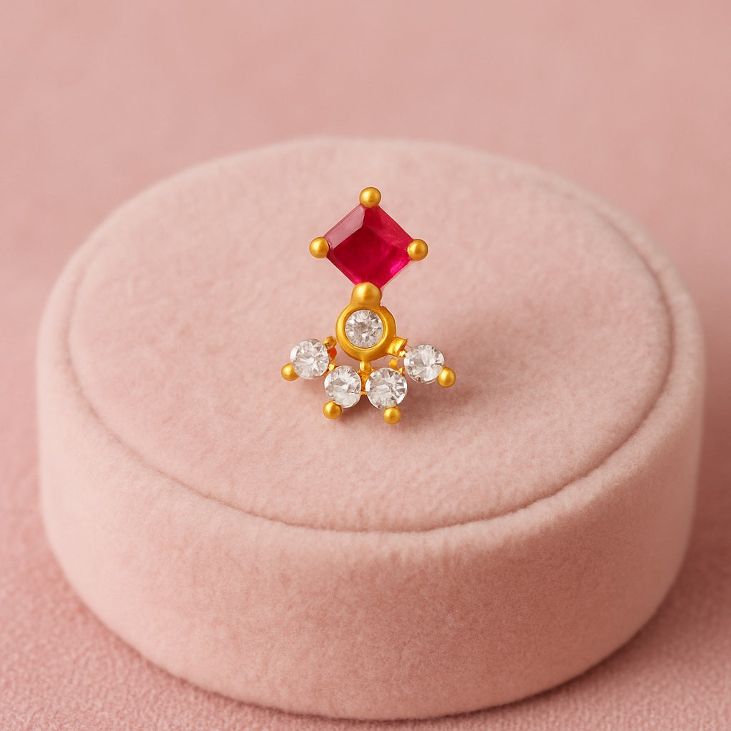 Red CZ Cluster Nose Pin - Sterling Silver Gold Plated