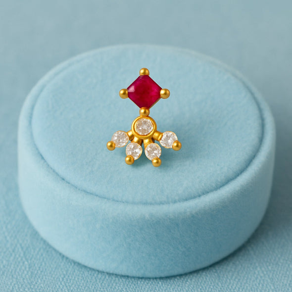Red CZ Cluster Nose Pin - Sterling Silver Gold Plated