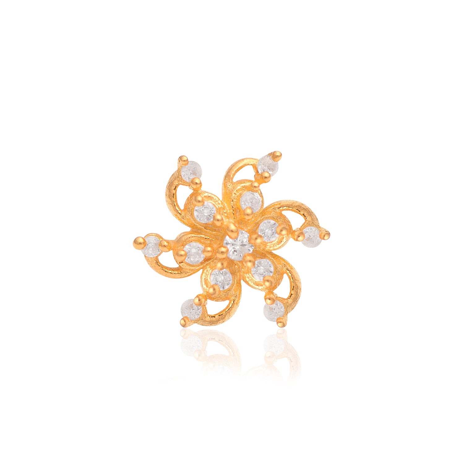 White CZ Floral Spiral Petal Nose Pin - Sterling Silver Gold Plated