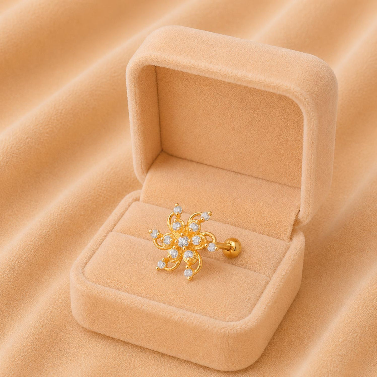 White CZ Floral Spiral Petal Nose Pin - Sterling Silver Gold Plated