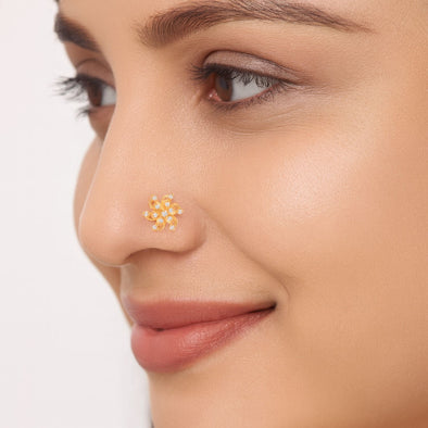 White CZ Floral Spiral Petal Nose Pin - Sterling Silver Gold Plated