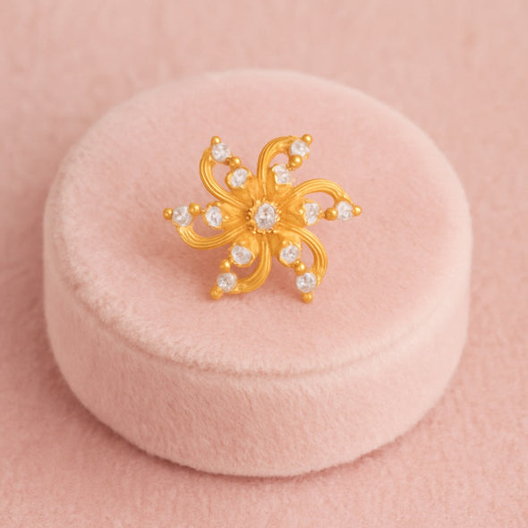 White CZ Floral Spiral Petal Nose Pin - Sterling Silver Gold Plated