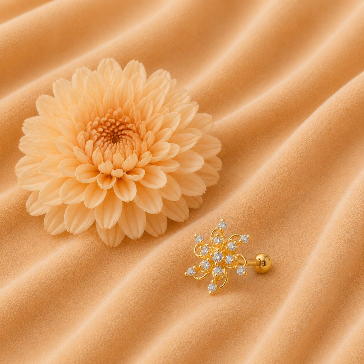 White CZ Floral Spiral Petal Nose Pin - Sterling Silver Gold Plated