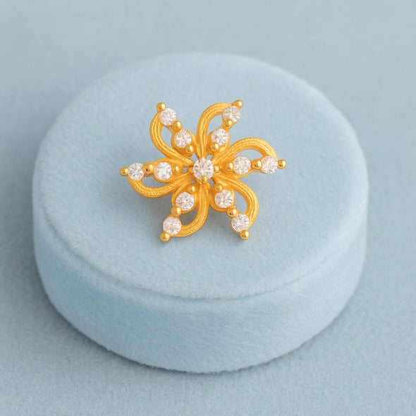 White CZ Floral Spiral Petal Nose Pin - Sterling Silver Gold Plated