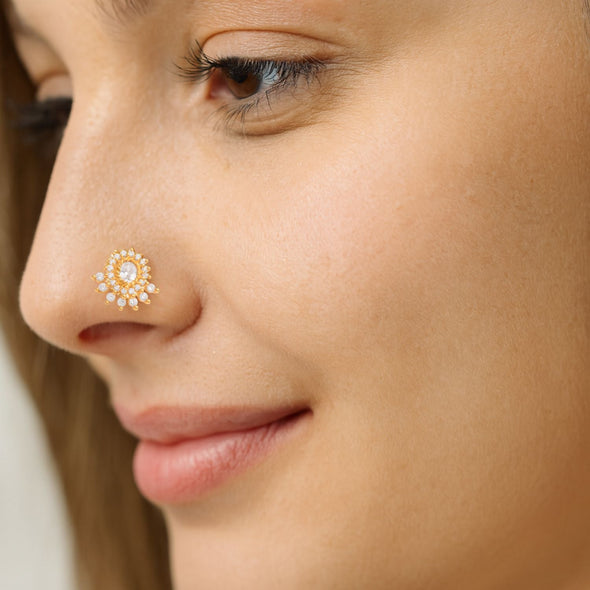 White CZ Sunburst Nose Pin - Sterling Silver Gold Plated