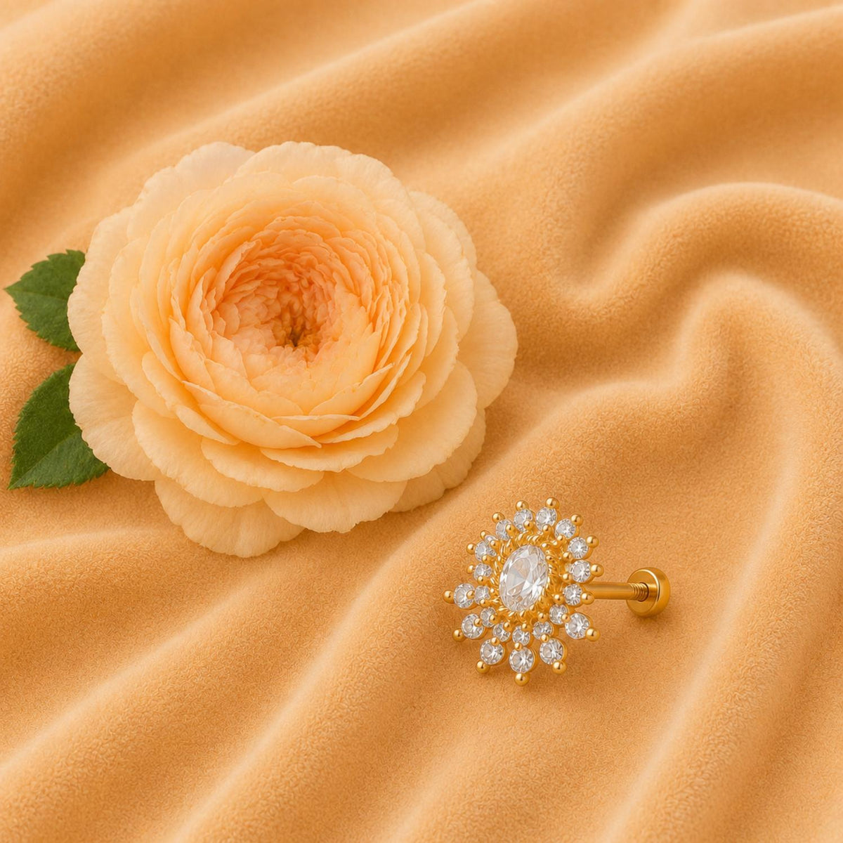 White CZ Sunburst Nose Pin - Sterling Silver Gold Plated