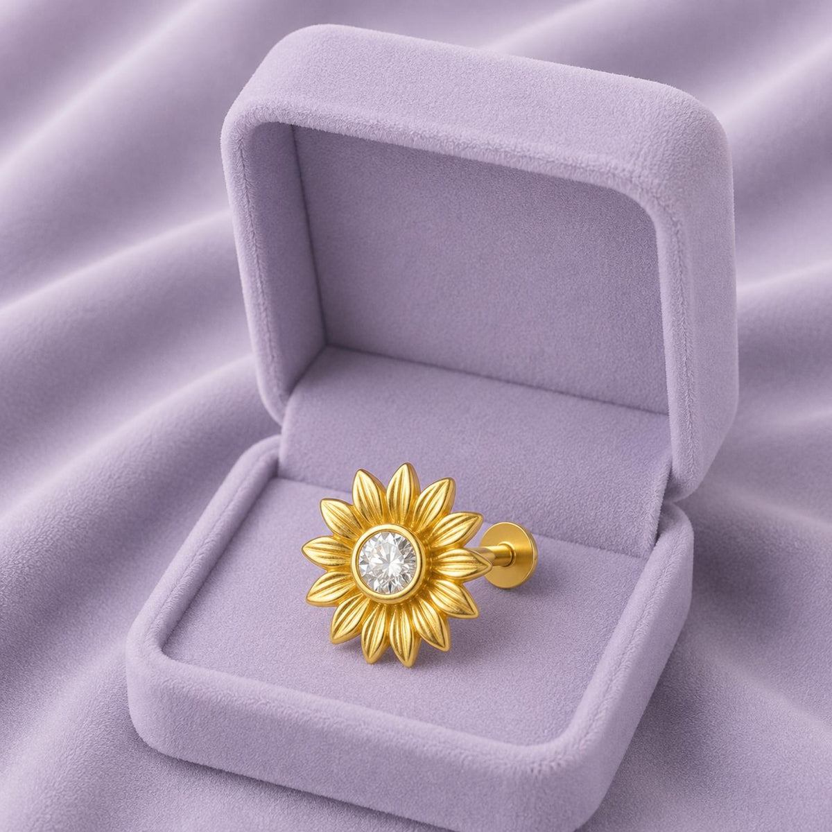 White CZ Center Sunflower Motif Nose Pin – Sterling Silver Gold Plated