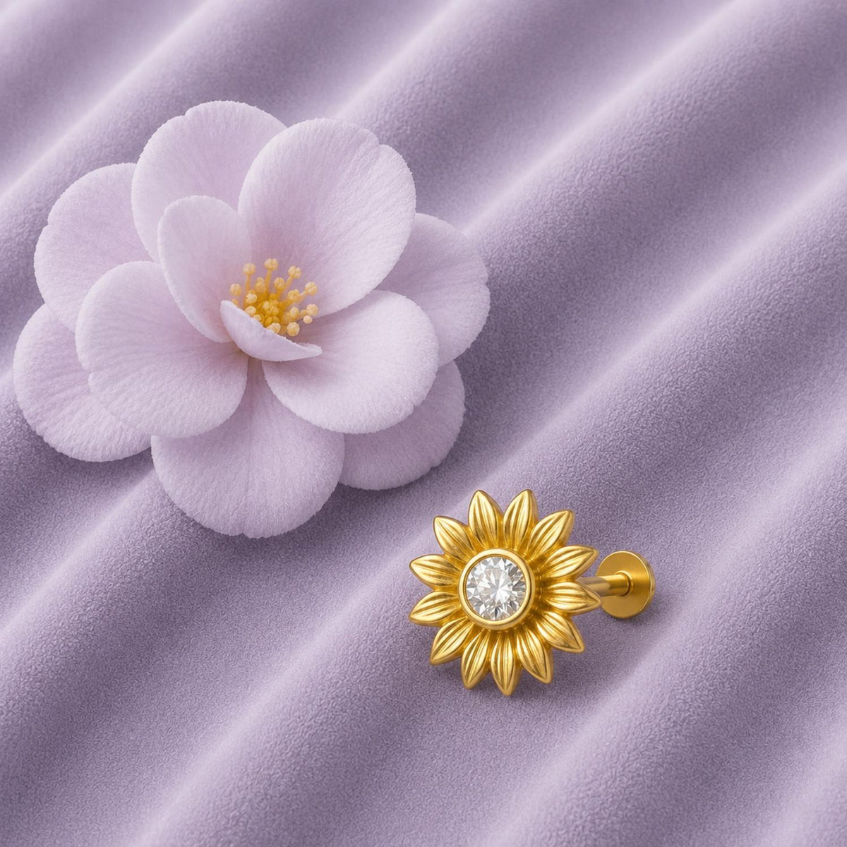 White CZ Center Sunflower Motif Nose Pin – Sterling Silver Gold Plated