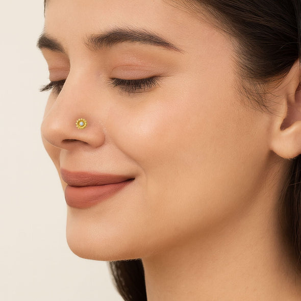 White CZ Center Sunflower Motif Nose Pin – Sterling Silver Gold Plated