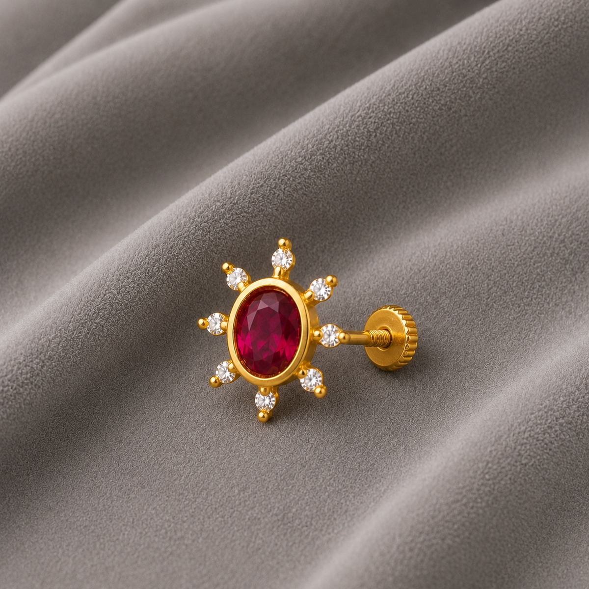 Red CZ Oval Sunburst Ethnic Nose Pin – Sterling Silver Gold Plated