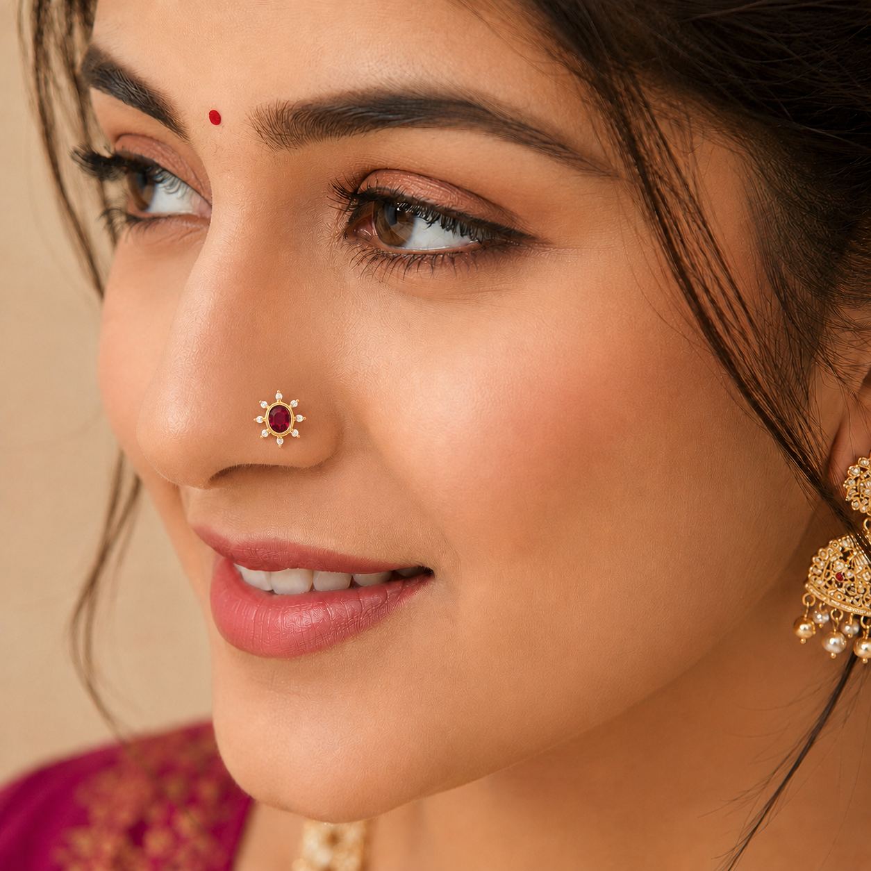 Red CZ Oval Sunburst Ethnic Nose Pin – Sterling Silver Gold Plated