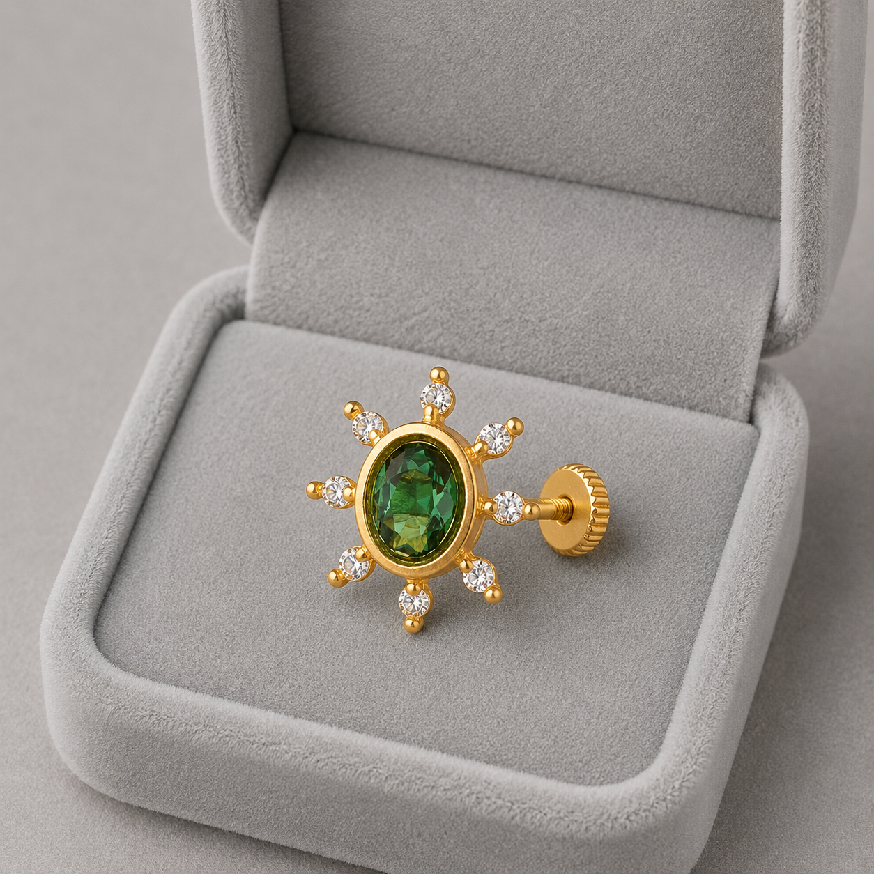 Green CZ Floral Nose Pin - Sterling Silver Gold Plated