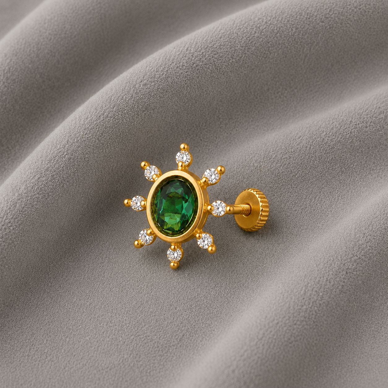 Green CZ Floral Nose Pin - Sterling Silver Gold Plated