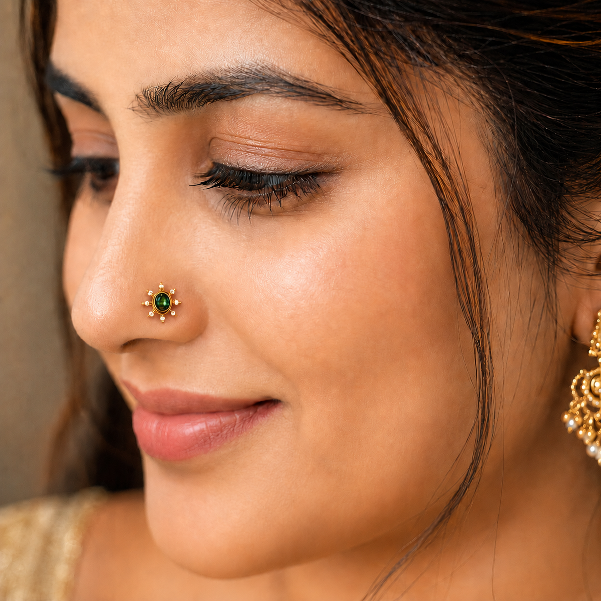 Green CZ Floral Nose Pin - Sterling Silver Gold Plated