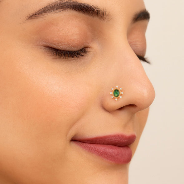 Green CZ Floral Nose Pin - Sterling Silver Gold Plated