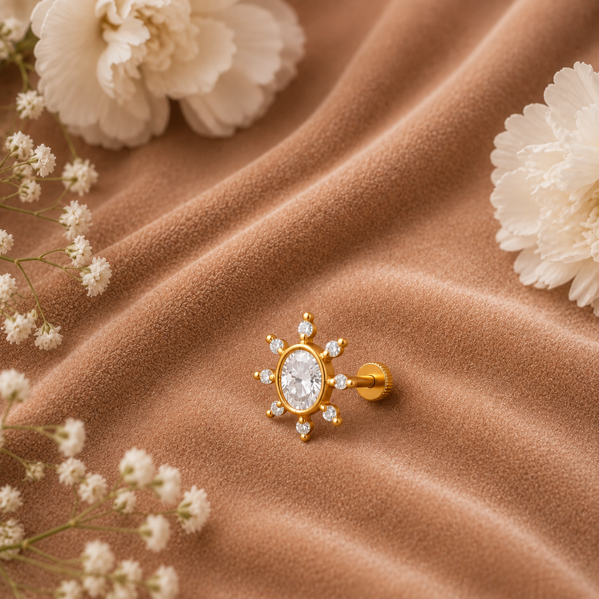 Oval White CZ Nose Pin – Sterling Silver Gold Plated