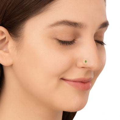 Green CZ Double Halo Nose Pin - Sterling Silver Gold Plated