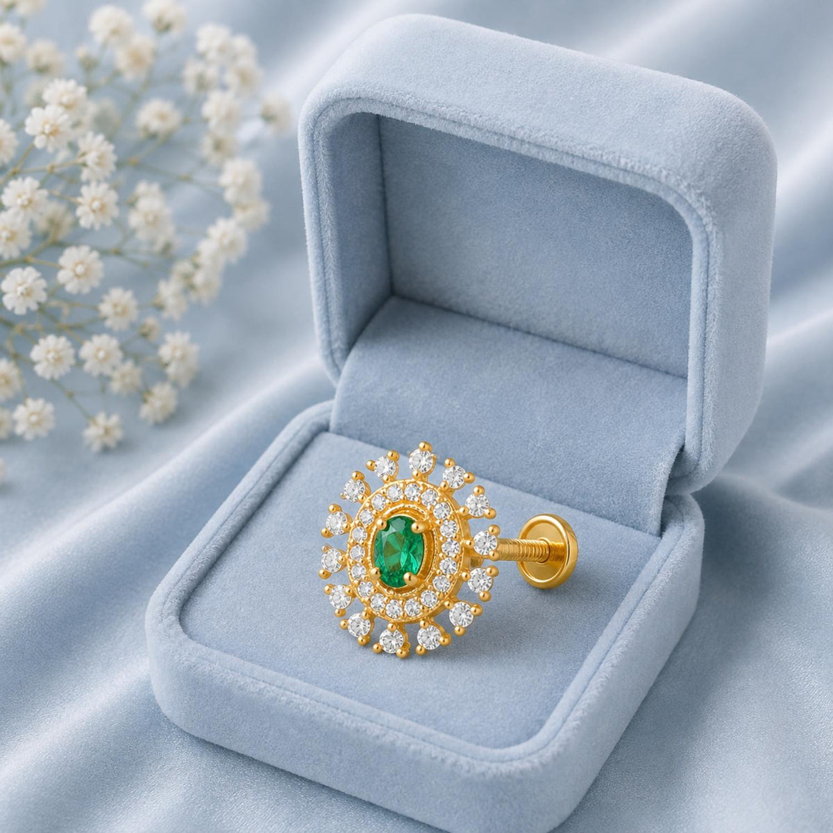 Green CZ Double Halo Nose Pin - Sterling Silver Gold Plated