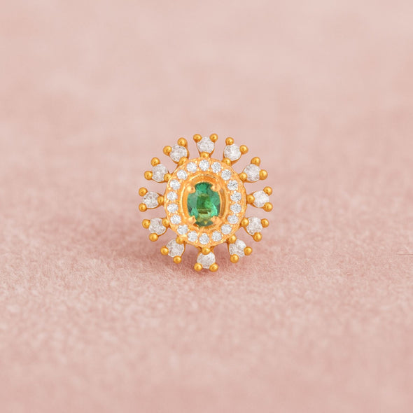 Green CZ Double Halo Nose Pin - Sterling Silver Gold Plated