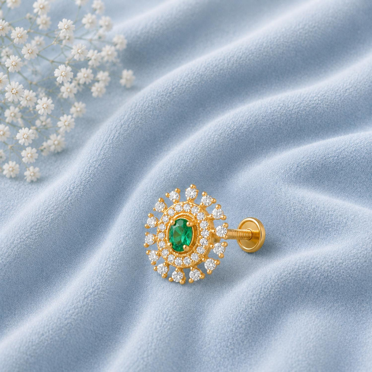 Green CZ Double Halo Nose Pin - Sterling Silver Gold Plated