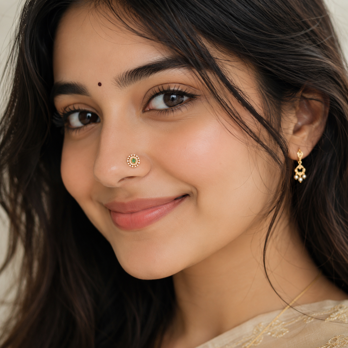 Green CZ Double Halo Nose Pin - Sterling Silver Gold Plated