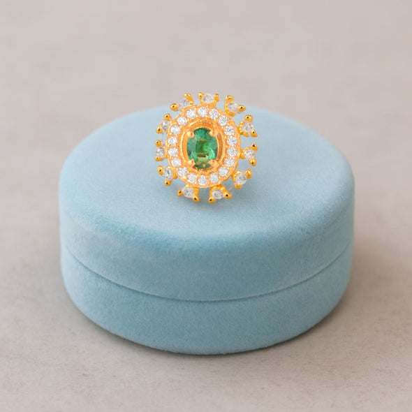 Green CZ Double Halo Nose Pin - Sterling Silver Gold Plated