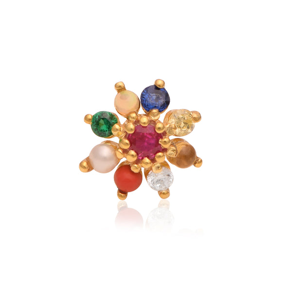 Navratna Floral Nose Pin – Sterling Silver Gold Plated