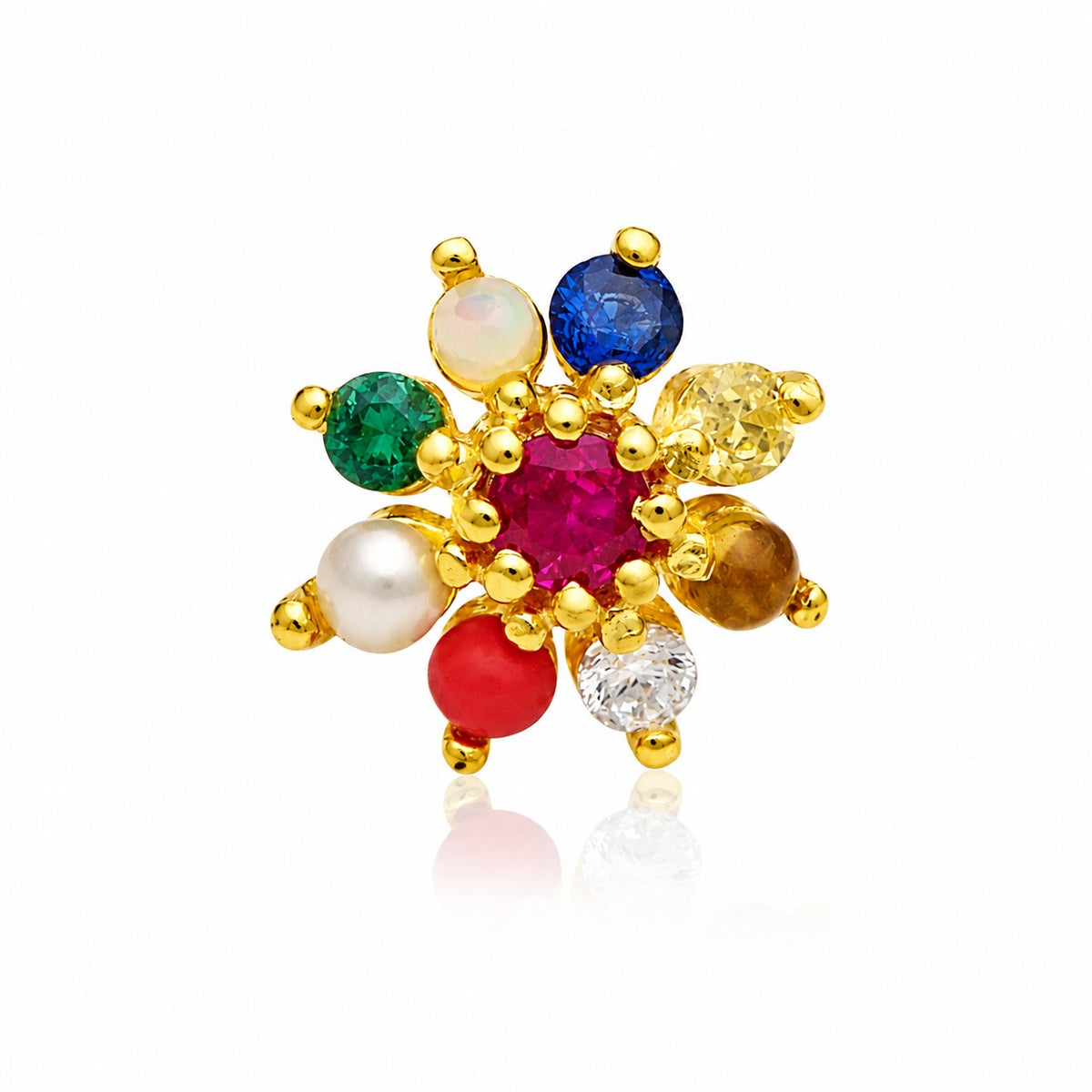 Navratna Floral Nose Pin – Sterling Silver Gold Plated