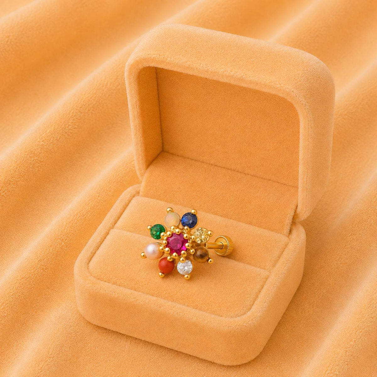 Navratna Floral Nose Pin – Sterling Silver Gold Plated