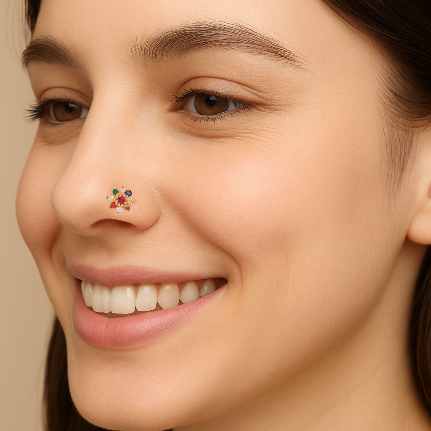 Navratna Floral Nose Pin – Sterling Silver Gold Plated