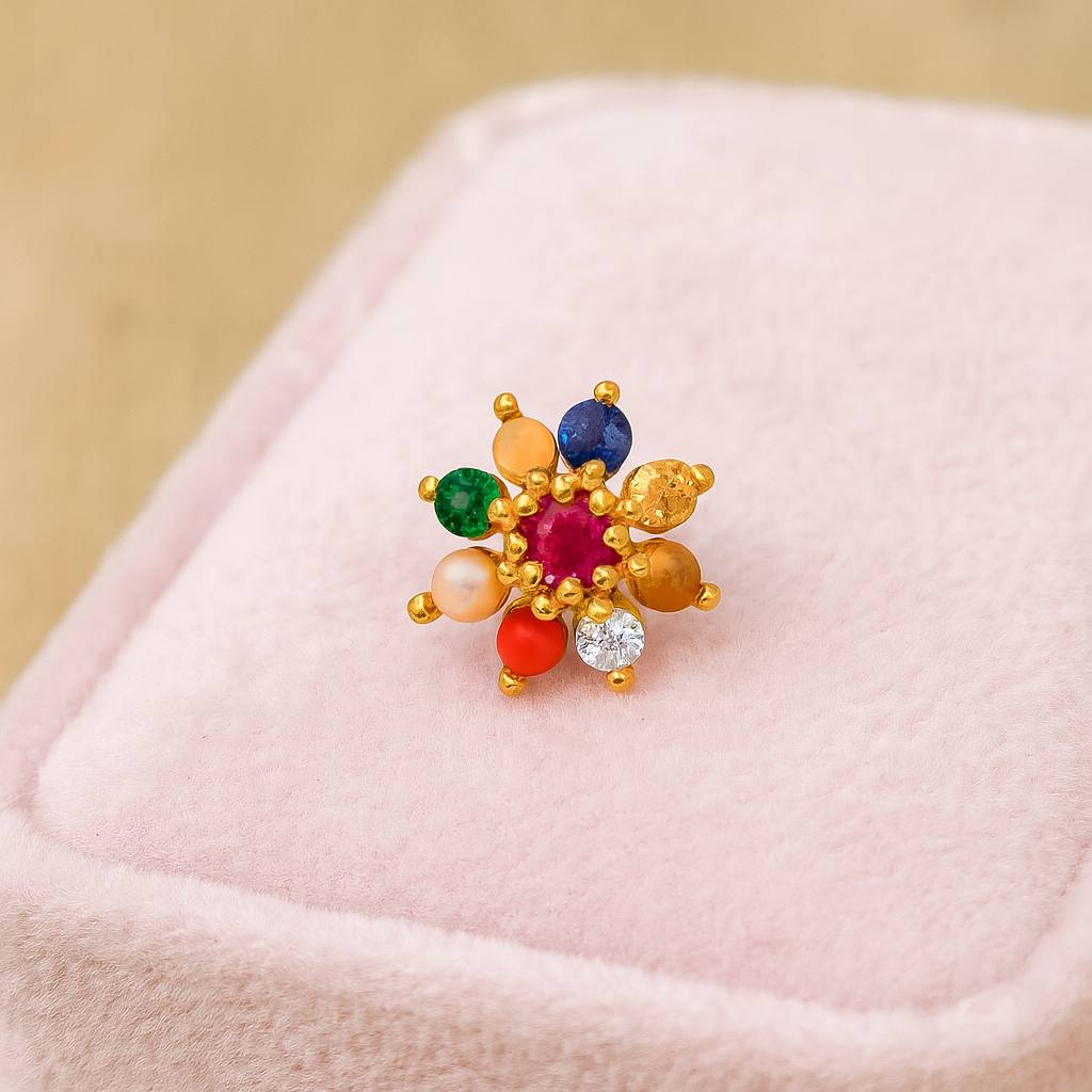 Navratna Floral Nose Pin – Sterling Silver Gold Plated