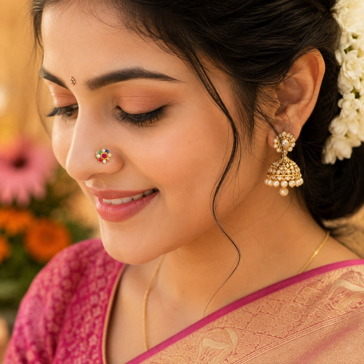 Navratna Floral Nose Pin – Sterling Silver Gold Plated