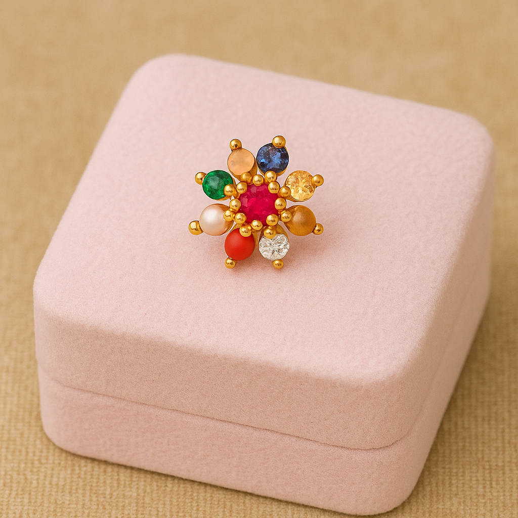 Navratna Floral Nose Pin – Sterling Silver Gold Plated