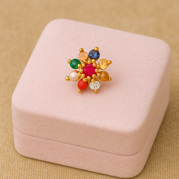Navratna Floral Nose Pin – Sterling Silver Gold Plated