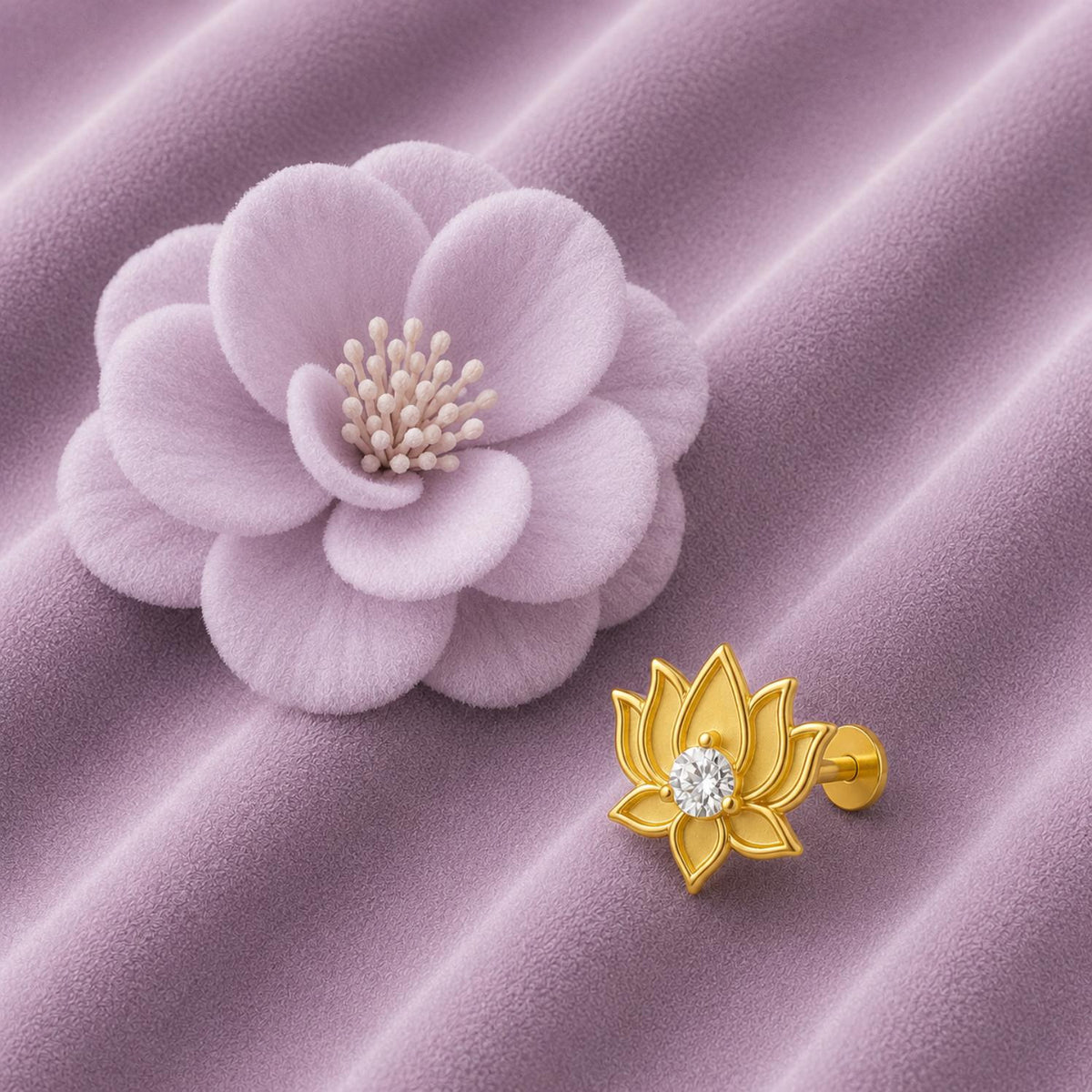 White CZ Center Lotus Flower Nose Pin – Sterling Silver Gold Plated