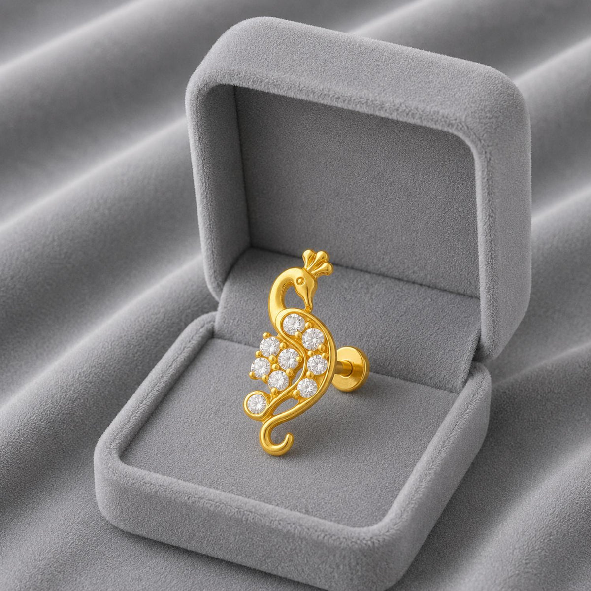 White CZ Peacock Motif Nose Pin – Sterling Silver Gold Plated